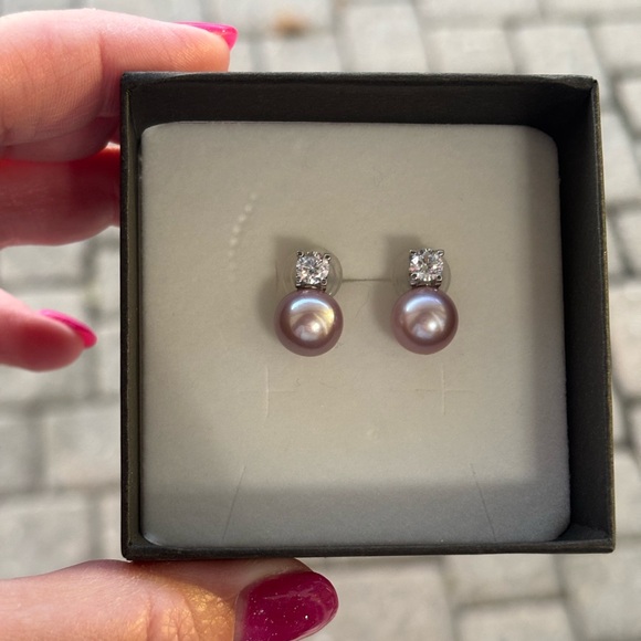 Jewelry - PINK 9mm Natural Freshwater Pearl 925 Silver Mounting Stud Earrings With CZ